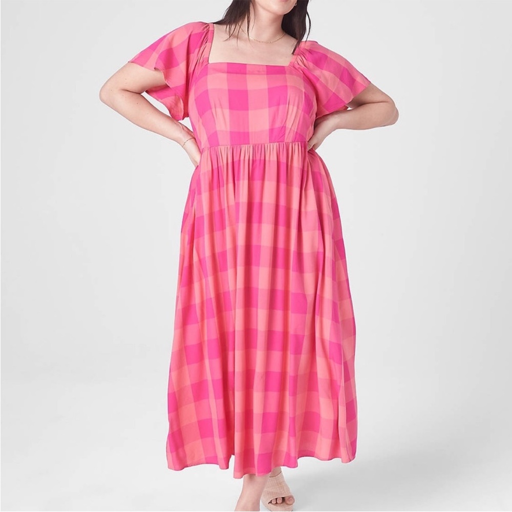 Lane Bryant Pink Plaid Gingham Short Sleeve Tie Back Square Necklien Maxi Dress